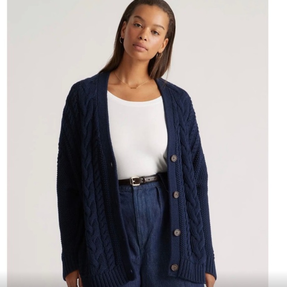 Quince Organic Cotton Navy Cable Oversized Cardigan Sweater